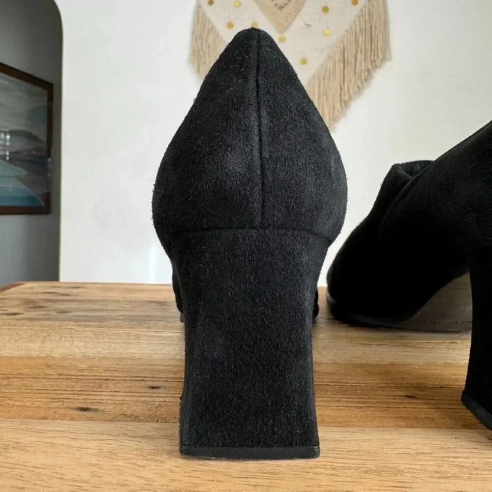 Stuart Weitzman Black Stretch Suede Square Long Toe Box Block Heel Shoe Bootie